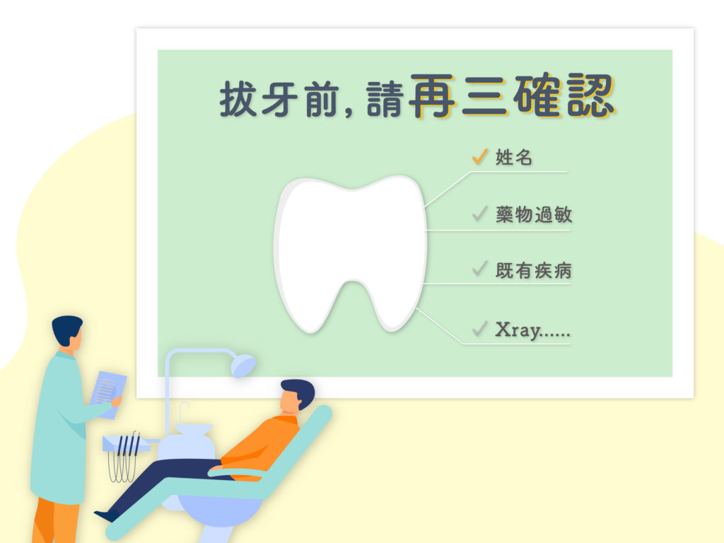 牙醫師跟躺在診療椅上的病患確認身份資訊