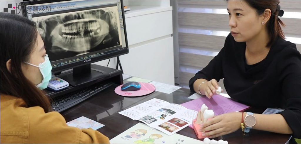 兩個人中間有一台顯示全口Ｘ光片的電腦螢幕